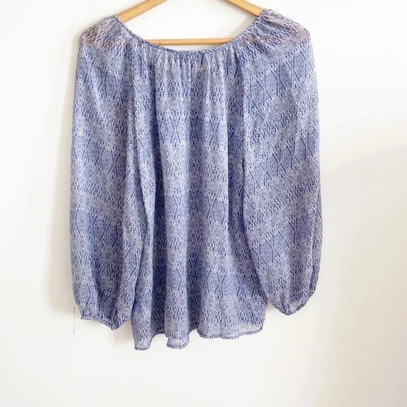 CLASSIQUES ENTIER 100% silk peasant boho sheer blouson sleeve printed blue top - Picture 4 of 6